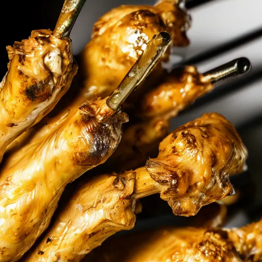 Prompt: macro photo of a chicken drumsticks with a secret miniature world inside of it, very very detailed, lots of fine details