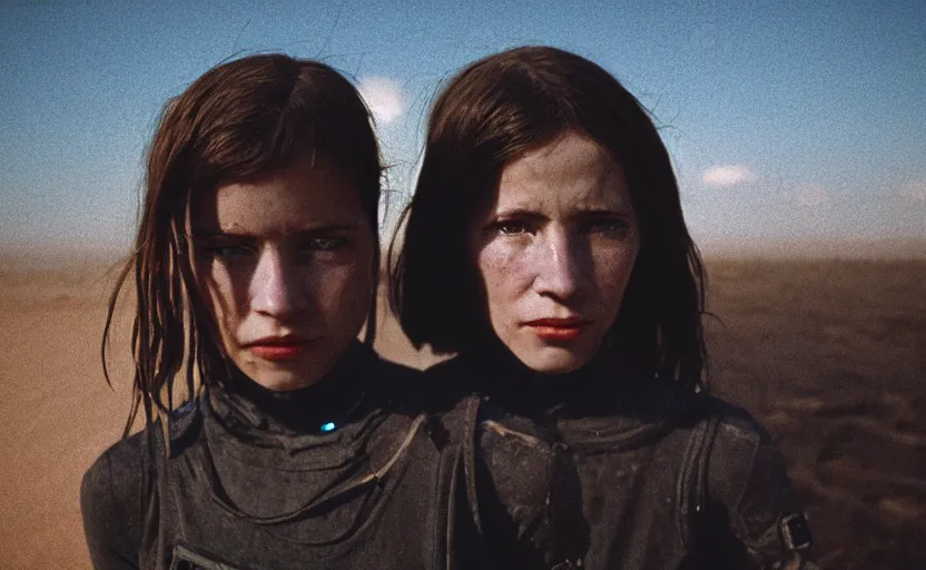 Image similar to cinestill 5 0 d photographic portrait by helen levitt of two loving female androids wearing rugged black mesh techwear on a desolate plain, extreme closeup, modern cyberpunk, dust storm, 8 k, hd, high resolution, 3 5 mm, f / 3 2, ultra realistic faces, ex machina