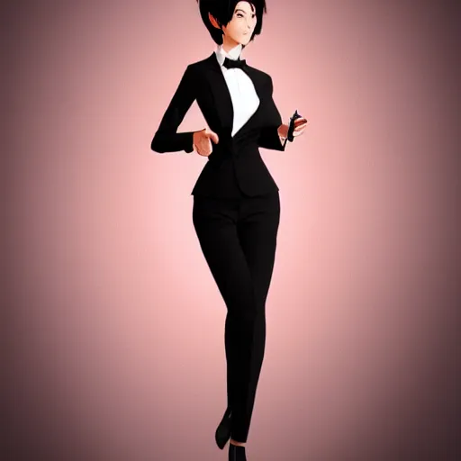 Image similar to slim girl in tuxedo with short black hair, elegant, 2d, ultra highly detailed, digital painting, smooth, sharp focus, artstation, art by Ilya Kuvshinov