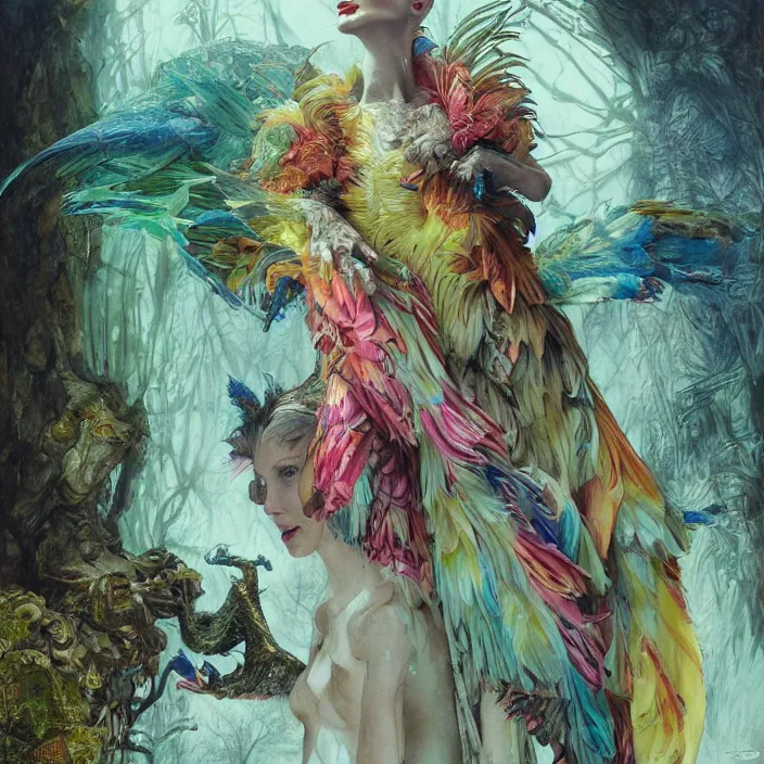 Prompt: a fashion editorial of cate blanchet as a brightly colored eagle amphibian hybrid with wet translucent mutated skin. wearing a mutated organic dress. by tom bagshaw, donato giancola, hans holbein, walton ford, gaston bussiere and peter mohrbacher. 8 k, cgsociety