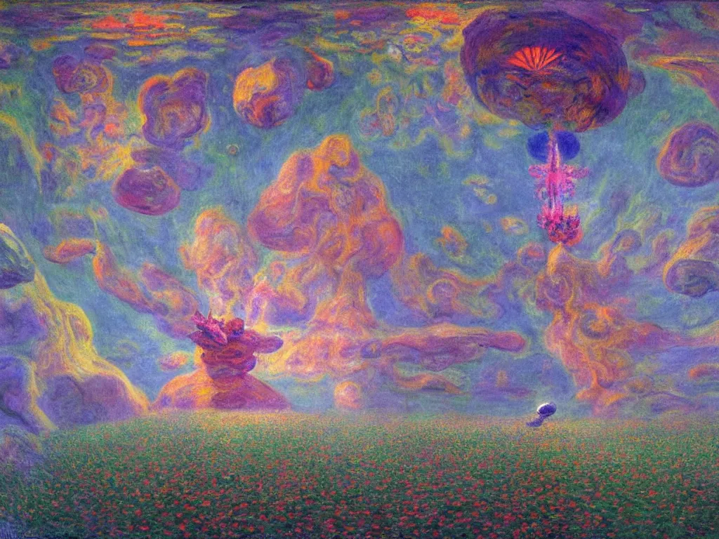 Image similar to study of the psychedelics dream bot mothership over the sublime sacred rock. painting by monet, bosch, wayne barlowe, agnes pelton, rene magritte