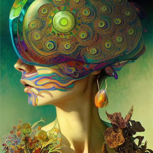 Image similar to An extremely psychedelic experience, reality bending, colorful, surreal, magic mushrooms, psilocybin, LSD, face, detailed, intricate, elegant, highly detailed, digital painting, artstation, concept art, smooth, sharp focus, illustration, art by Krenz Cushart and Artem Demura and alphonse mucha