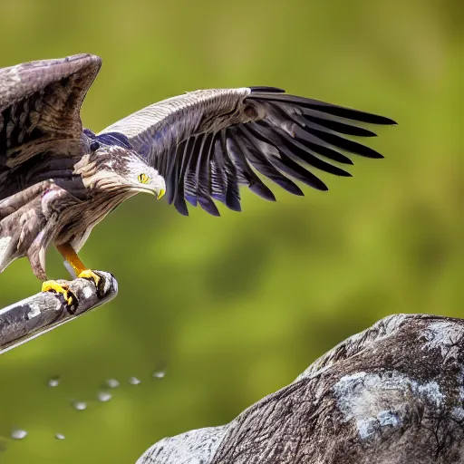 Image similar to A detailed and realistic illustration of a bird of prey in mid-flight, with a sharp focus on the bird's face and Talons, set against a blurred background of a mountain lake, wildlife photography, 500mm lens, 4k, by Nick Nichols and National Geographic