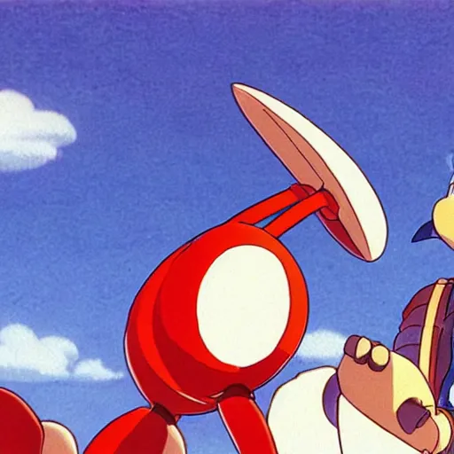 Prompt: beautiful illustration of dr robotnik looking up lovingly at sonic the hedgehog. animation frame from the studio ghibli film by miyazaki.