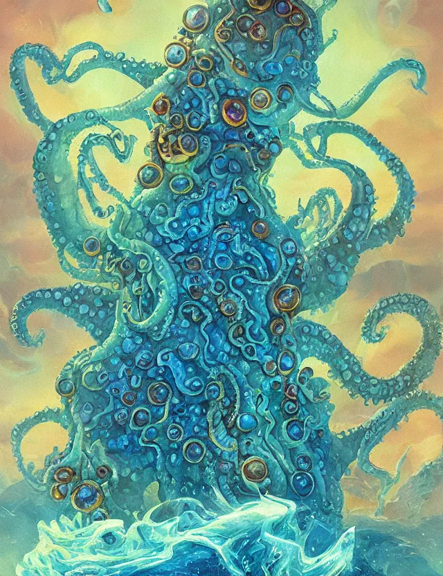 Image similar to lovecraftian deity of water and gemstones. this oil painting by the beloved children's book illustrator has interesting color contrasts, plenty of details and impeccable lighting.