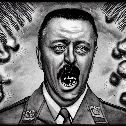 Image similar to igor ivanovich strelkov became an aggressive lovecraftian degenerate abomination calling for total mobilization, photo - realistic, color image, 2 k, highly detailed, bodyhorror, occult art