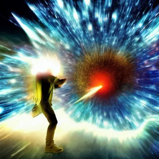 Prompt: man facing an exploding supernova. photorealism. epic.