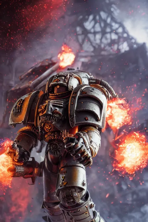 Prompt: a photo of a space marine, warhammer 4 0 k setting, dynamic pose, close - up, intricate details, intricately detailed clothing, intricate textures, warm lighting, vivid colors, smoke and mist, realistic octane render, hyper realistic render, volumetric shading, depth of field, raytracing, 8 k,