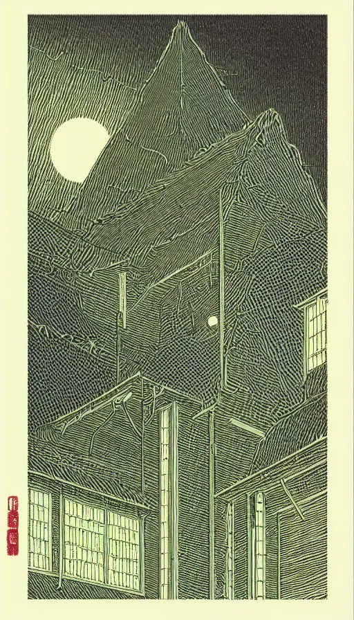 Prompt: witch house space, sharp focus, risograph by kawase hasui, cinematic, game art