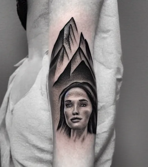 Image similar to amazing blend of a hyper realistic mountain scenery with a beautiful woman face, tattoo design sketch, in the style of matteo pasqualin, hyper - realistic, amazing detail, black and white