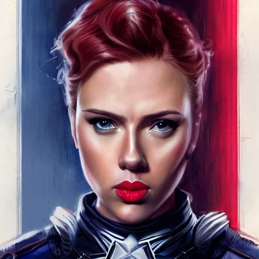 Image similar to captain america played by by scarlett johansson wearing atompunk outfit, face portrait, hd shot, digital portrait, elegant, beautiful, fantasy art, artstation, comic style, by artgerm, guy denning, jakub rozalski, magali villeneuve and charlie bowater