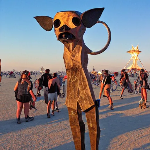 Prompt: Gizmo at burning man, photograph