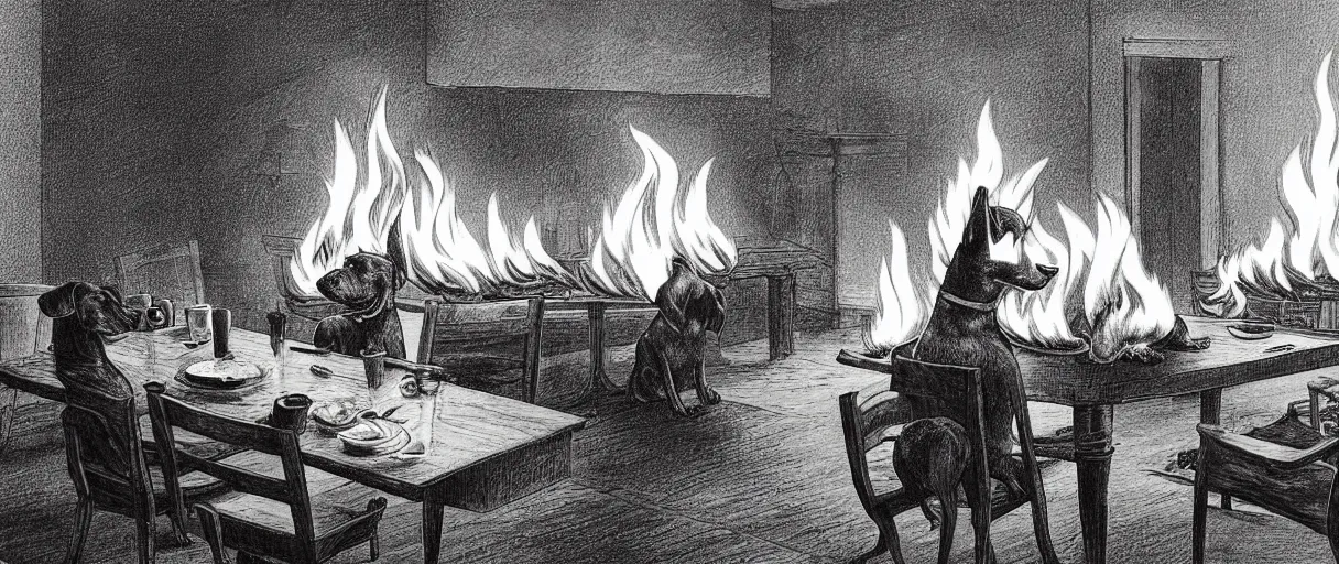 Prompt: an award-winning photograph (flash on) of a huge fire on a dining room in the background, in the foreground sits one relaxed anthropomorphic dog on a wooden chair at a table (no fire at all there), they are surrounded by flames, there is a full cup of coffee on the table, a lot of flames behind the dog, black smoke instead of the ceiling, no watermark