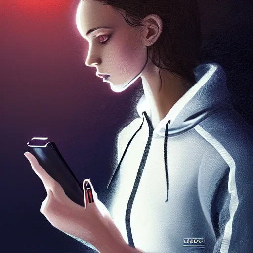 Prompt: portrait of attractive slav heroine wearing an addidas tracksuit with a phone in hand. illuminated phone screen, by greg rutkowski and wlop, detailed, cinematic, 8 k, intricate, rule of thirds.