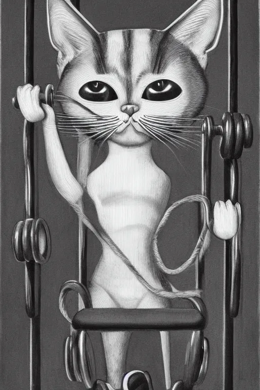 Image similar to anthro cat working out in the gym, an ultrafine detailed painting by mark ryden, trending on deviantart, pop surrealism, whimsical, lowbrow, grotesque