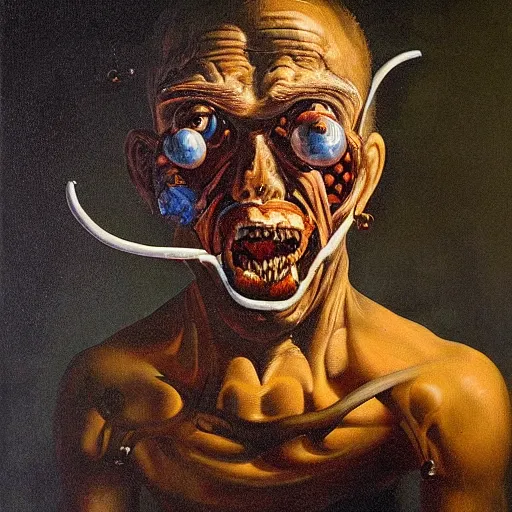 Image similar to oil painting with black background by christian rex van dali todd schorr of a chiaroscuro portrait of an extremely bizarre disturbing mutated man with acne intense chiaroscuro obscuring features lighting perfect composition masterpiece