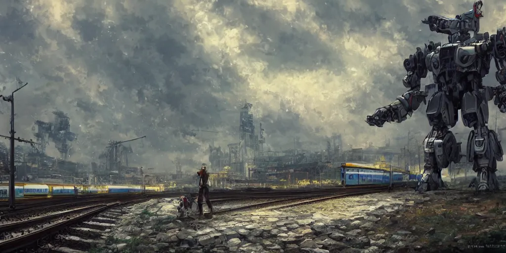 Image similar to a russian mecha, train station in summer, matte painting, evening, after the storm, drama, by rozalski and stanton kenton, artstation