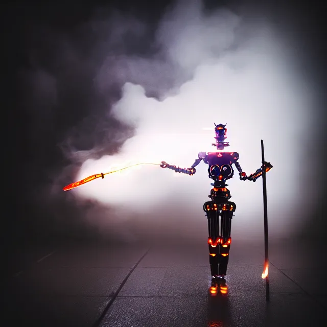 Image similar to robot woman fire dance holding spear, detailed bushido form, fighting stance energy, shibuya prefecture, cinematic lighting, fog mist smoke, photorealistic, night photography by tomino - sama