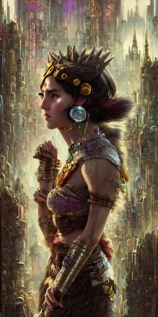 Prompt: hyper realistic Princess Mononoke in her mask, busy cyberpunk metropolis, city landscape, wolves, magic, castle, jewels, style of tom bagshaw, mucha, james gurney, norman rockwell, gems and gold, waterfalls, denoised, sharp