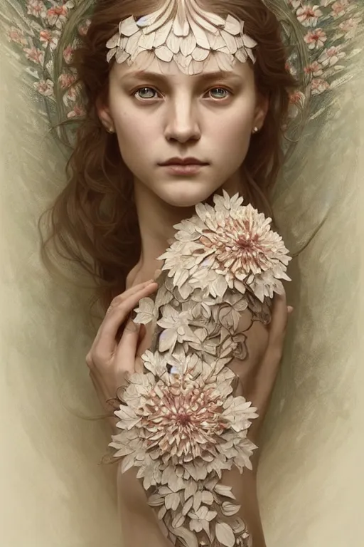 Image similar to symmetry!! full body portrait!!!! of a beautiful!!!! delicate elegant nordic shield maiden, pretty face!!!!, flower petals, intricate, elegant, highly detailed, digital painting, artstation, concept art, smooth, sharp focus, illustration, art by artgerm and greg rutkowski and alphonse mucha, 8 k