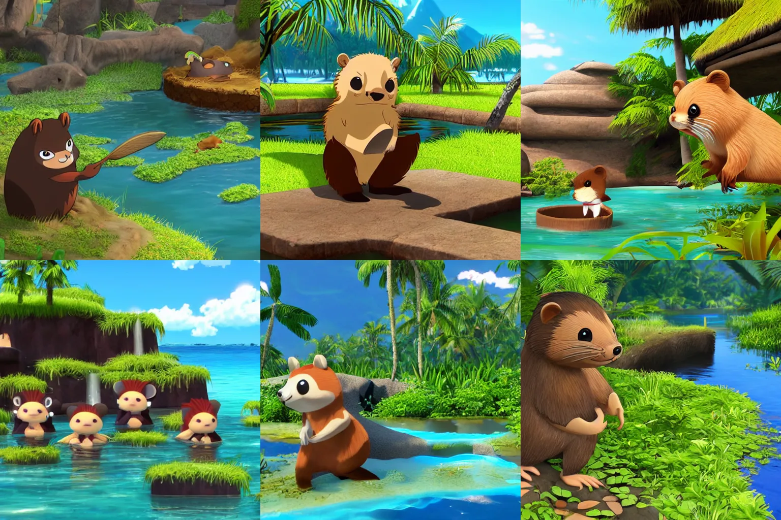 Image similar to anime beaver building a dam on a tropical island, unreal engine, sunny, happy