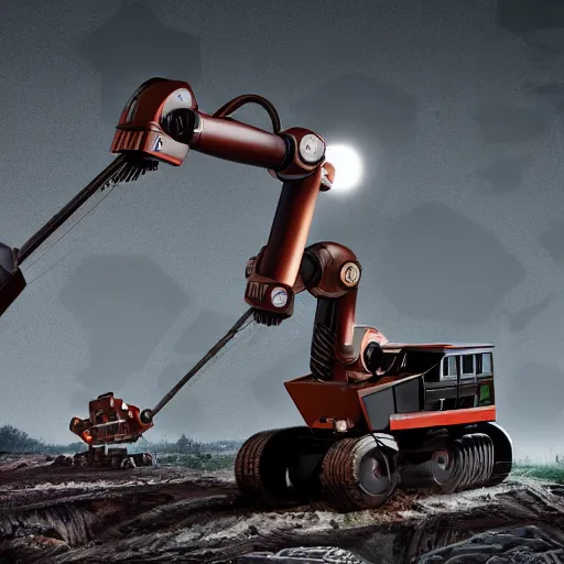 Prompt: giant scary quadrupedal mining robot with drill, four legs, highly detailed body, retro, industrial, dark, dystopian, apocalyptic, clean, in the style of simon stalenhag, 8 5 mm f / 1. 4