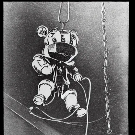 Image similar to vintage photograph of freddy fazbear being dangled by a helicopter