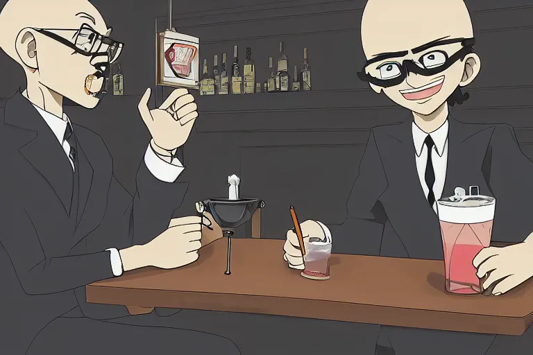 Prompt: A short bald man with a beard and dark rimmed reading glasses. Sittimg at a bar with a drink, cowboy bebop anime style, digital art, 8k, UHD