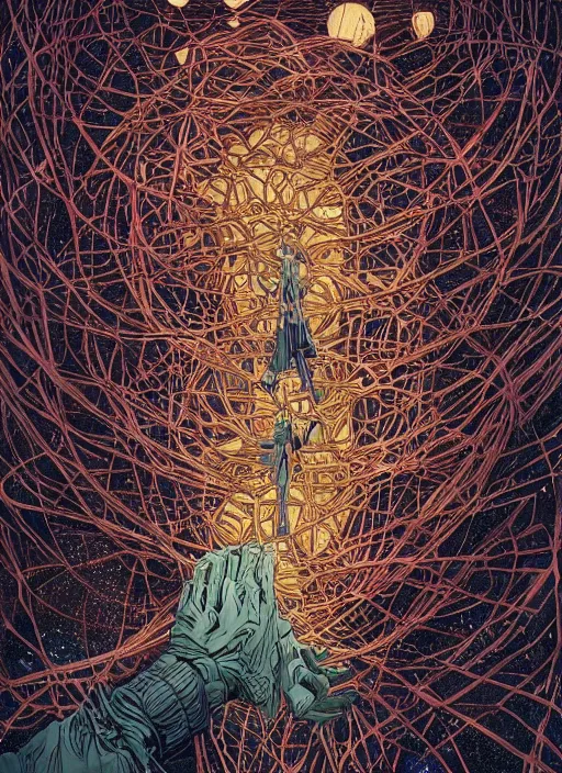 Image similar to We all live in a dystopian society cherishing silently the evil within, intrincate, maximalism, by Michael Whelan! Victo Ngai, Tyler Edlin, Ayami Kojima