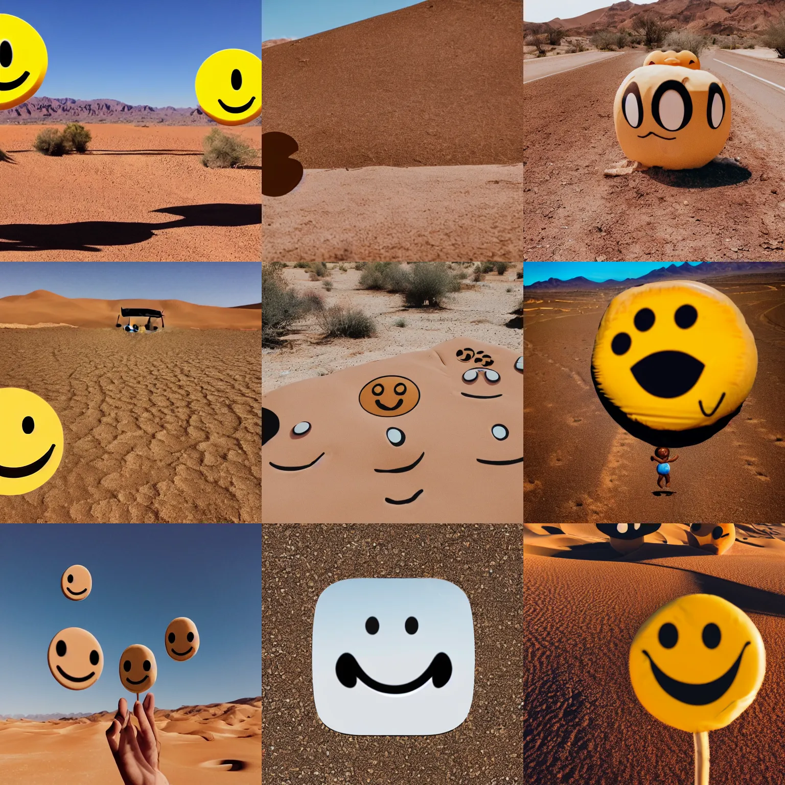 Prompt: poop emoji chasing smiley face emoji in the desert