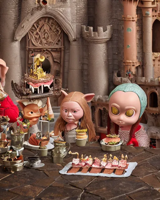 Image similar to highly detailed closeup, face profile portrait of a tin toy greta thunberg as a medieval goblin eating cakes in a castle, bikini, depth of field, nicoletta ceccoli, mark ryden, lostfish, dan decarlo, bob clampett, max fleischer, detailed and intricate environment, 8 k resolution, hyperrealistic, octane render