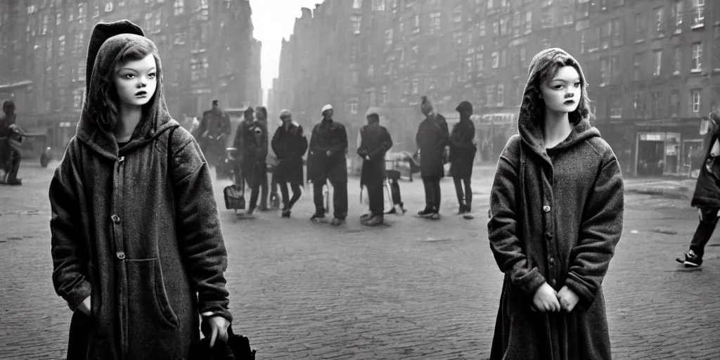 Prompt: sadie sink in hoodie at umbrella stand in ruined square, pedestrians on both sides ignore her, old tenements in background : grainy b & w 1 6 mm film, 2 5 mm lens, medium shot from schindler's list by steven spielberg. cyberpunk, steampunk. cinematic atmosphere and composition, detailed face, perfect anatomy