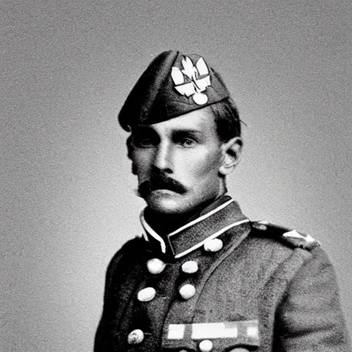 Image similar to A photograph portrait of Jerma985 with a pyramidal mustache as a soldier in the military in the mid-late 1800s, taken in the mid-late 1800s, 1860s, grainy, taken on a Field View Camera, realistic, hyperrealistic, very realistic, highly detailed, very detailed, extremely detailed, detailed, digital art, trending on artstation