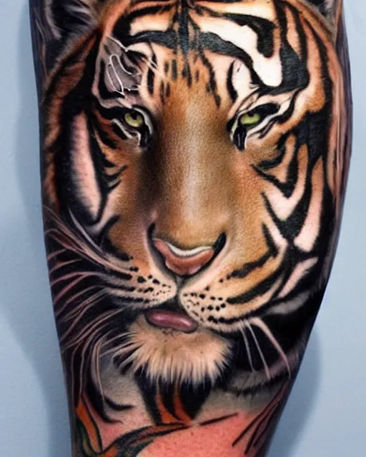 Image similar to a girl with a tiger hat tattoo, hyper realistic, hyper detailed, by eliot kohek