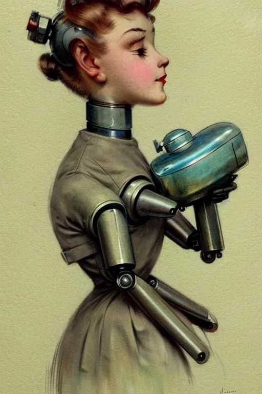 Prompt: (((((1950s maid android robot art . muted colors.))))) by Jean-Baptiste Monge !!!!!!!!!!!!!!!!!!!!!!!!!!!