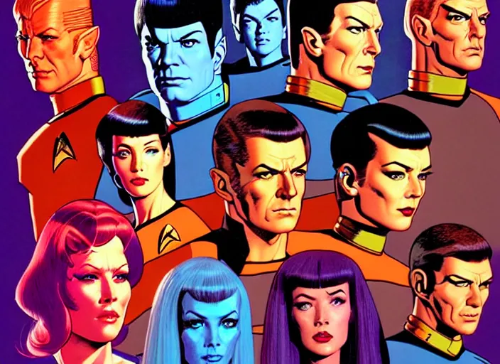 Image similar to cyberpunk star trek tos crew. portrait by stonehouse and mœbius and will eisner and gil elvgren and pixar. character design. realistic proportions. star trek 1 9 7 7 character art, blade runner 2 0 4 9 concept art. cell shading. attractive face. thick lines. the team. diverse characters. artstation.