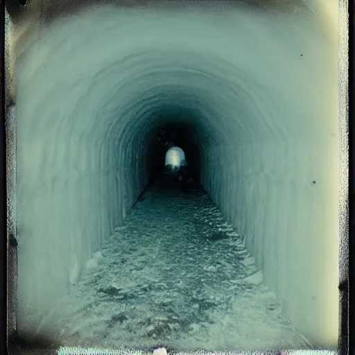 Image similar to a dark and narrow ice tunnel, dark, creepy, eerie, unsettling, terrifying, old polaroid, expired film, deep,