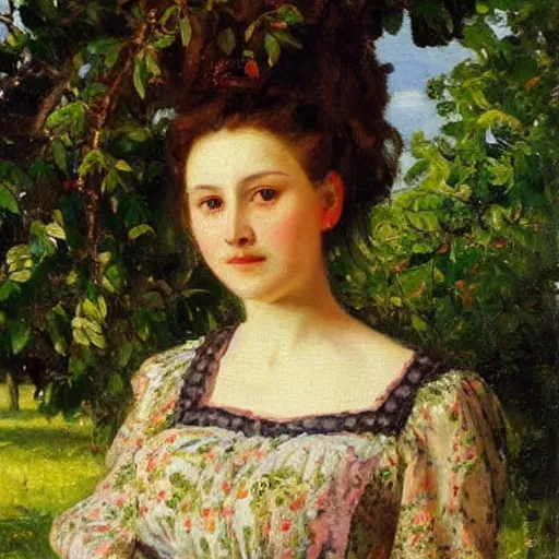 Image similar to portrait of a young woman outside in an orchard, painted by nikolay makovsky, detailed