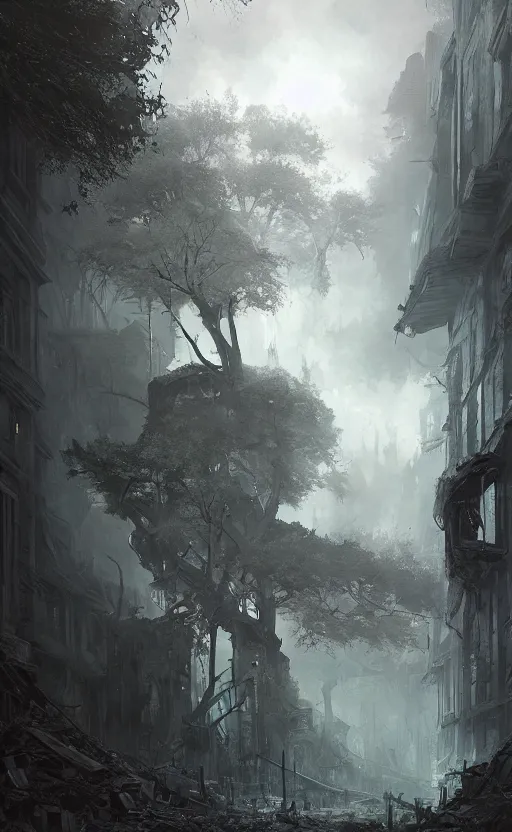 Prompt: a beautiful artwork illustration, a single lush tree in a destroyed medieval city, volumetric fog, godrays, high contrast, high contrast, high contrast, vibrant colors, vivid colors, high saturation, by Greg Rutkowski and Jesper Ejsing and Raymond Swanland, featured on artstation, wide angle, vertical orientation