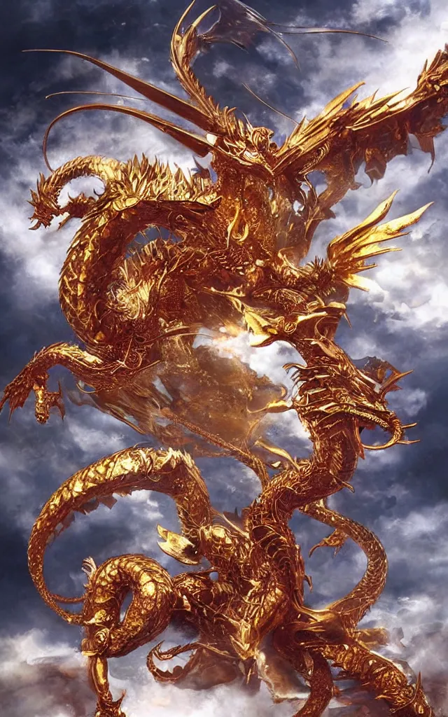 Image similar to golden dragon, epic, legendary, cinematic composition, stunning atmosphere by yoshitaka amano