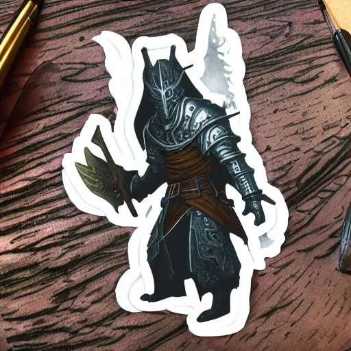 Image similar to a sticker illustration of a dark souls lord battling the unknown