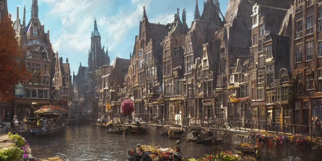 Prompt: a lively magical town inspired by victorian england and amsterdam, sunny weather, highly detailed, intricate, digital painting, trending on artstation, concept art, matte painting, art by greg rutkwowski, craig mullins, octane render, 8 k, unreal engine