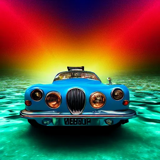 Image similar to hyperrealistic photo of an old jaguar car underwater in a swimming poo, rainbow colorsl, 4 k, 8 k, thin film, full shot