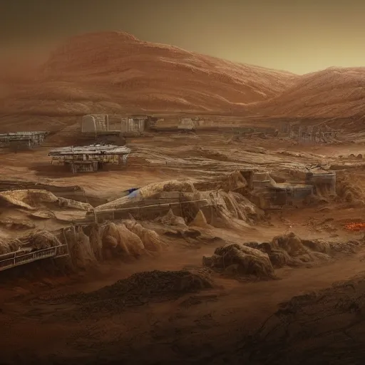 Image similar to matte painting of a sci - fi mining work exploring toxic sulfur pools of hestia rupes mars landscape, highly detailed, vidid, epic scenery, windy, at dusk