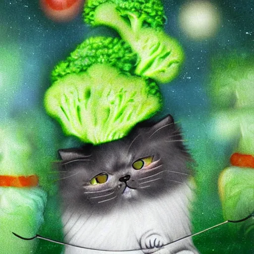 Prompt: a dancing persian cat and a multilayer vegetarian broccoli burger, highly detailed, digital painting, sharp focus, fantasy art