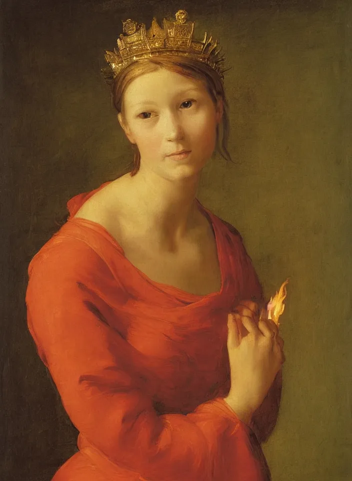 Prompt: portrait of a girl with a crown on fire, by Raffaello