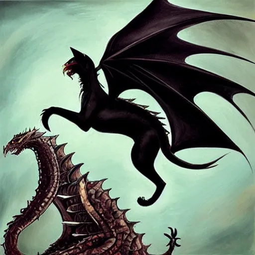 Prompt: “ a black cat flying on the back of a dragon from game of thrones, very detailed, oil painting, award winning ”