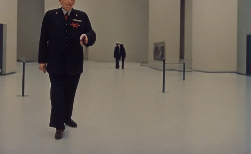 Image similar to 50s movie still close-up portrait of an elder soviet general walking in an empty museum, by David Bailey, Cinestill 800t 50mm eastmancolor, heavy grainy picture, very detailed, high quality video, 4k, HD criterion, precise texture and facial expression