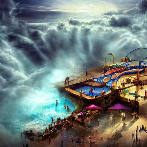 Image similar to waterpark in the clouds of heaven, digital art, cinematic lighting, epic composition, highly detailed