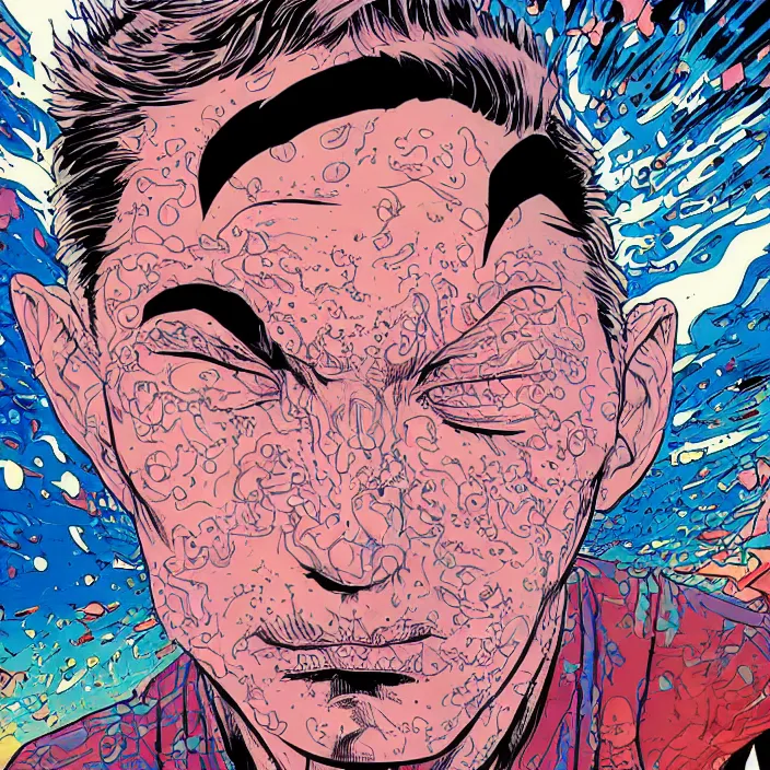 Image similar to trippy comic book artwork of a man's face exploding into particles of sand, very detailed, 8k